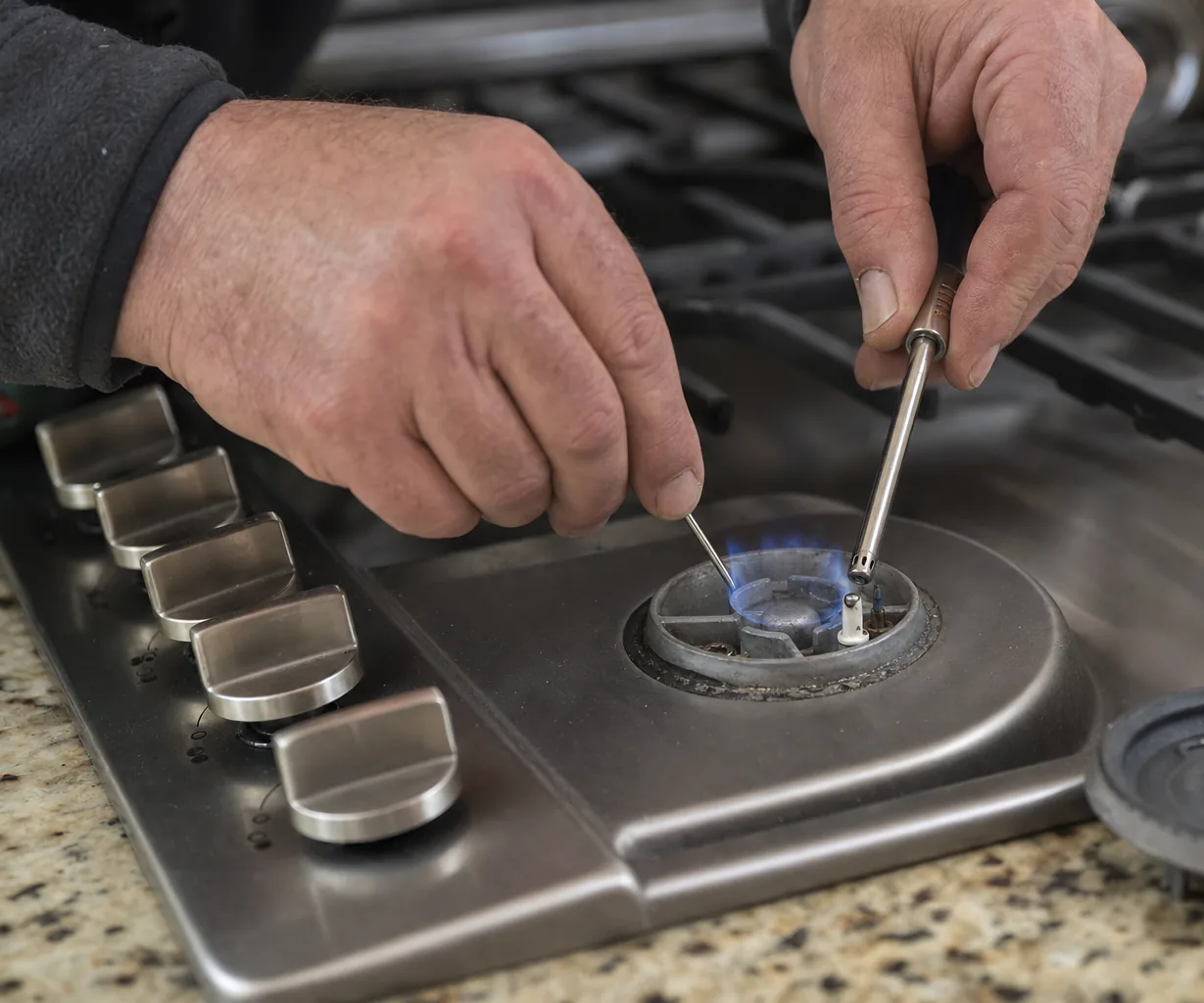 Technician adjusting a gas cooktop burner up close