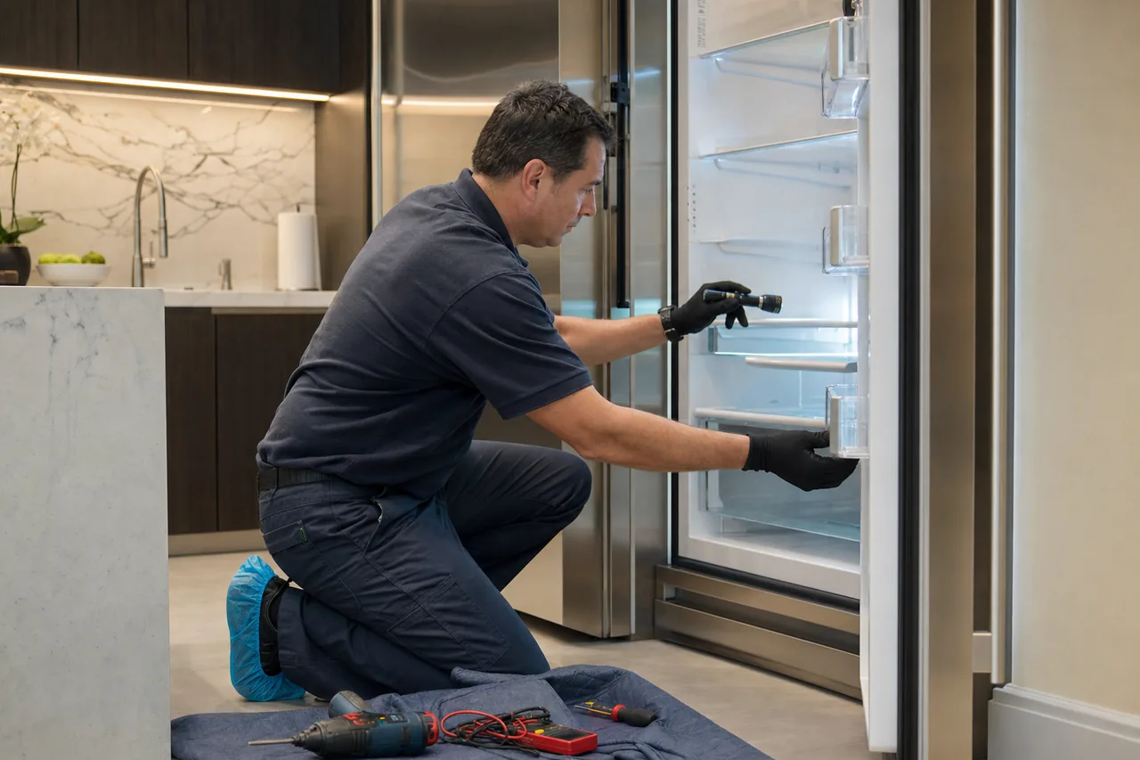 A technician servicing a stainless Wolf range in a Mount Kisco kitchen