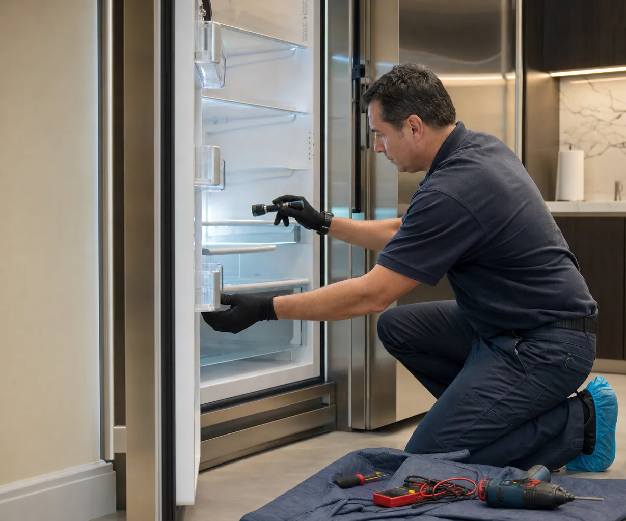 Technician repairing a built-in refrigerator up close