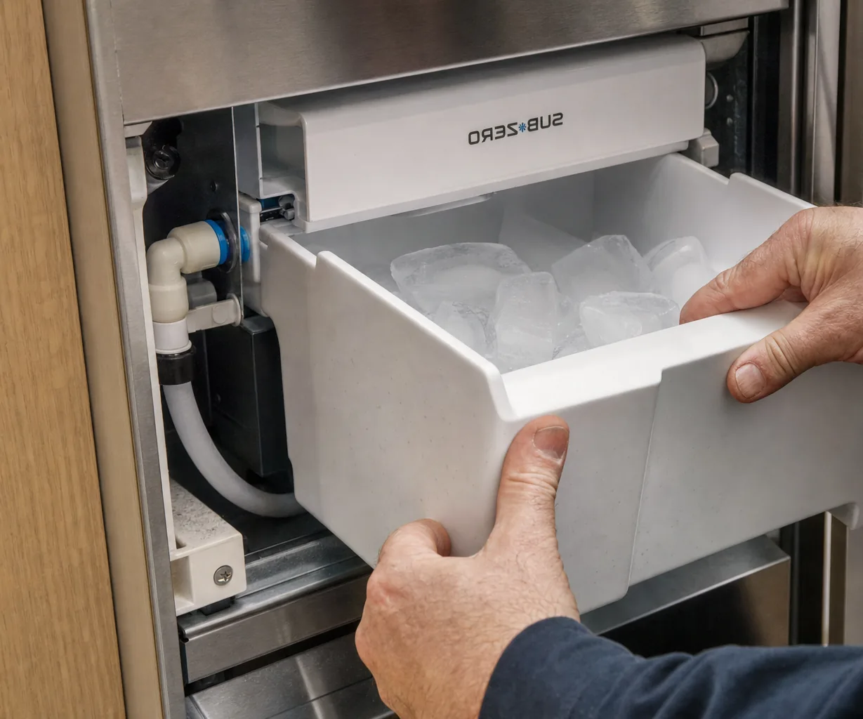 Technician servicing a built-in ice maker mid-repair