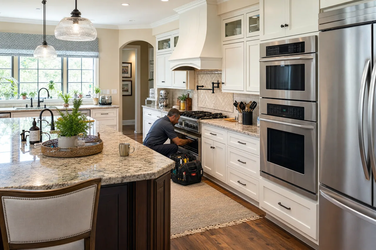 A luxury kitchen with built-in stainless appliances mid-repair