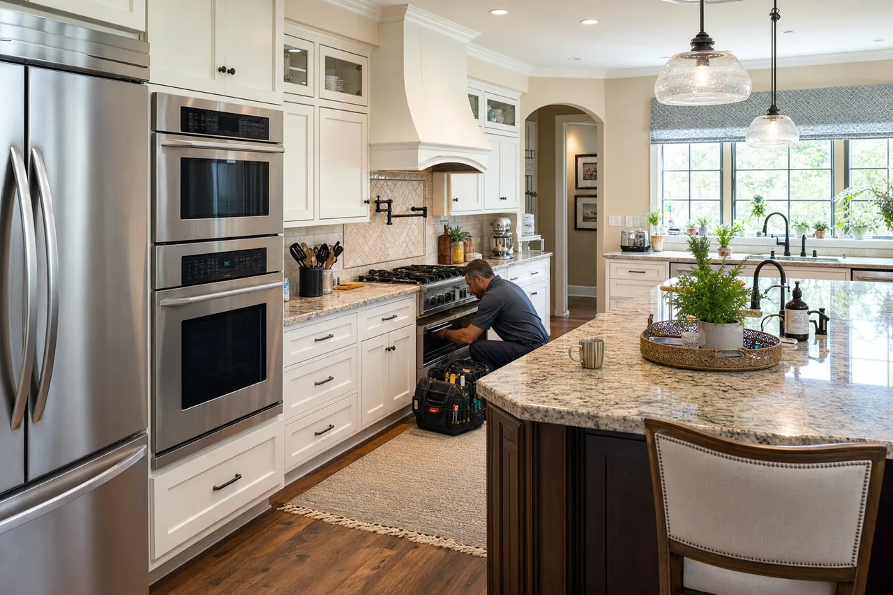 A luxury kitchen with built-in stainless appliances up close