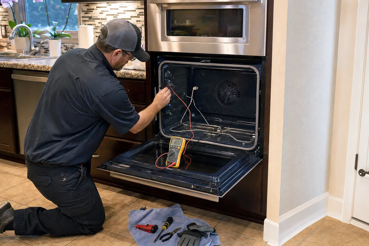 Technician servicing a built-in wall oven