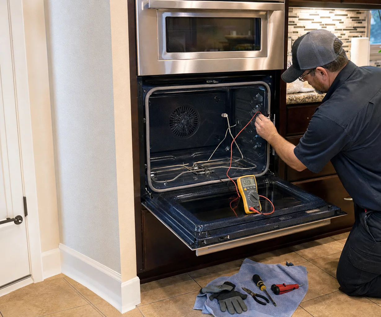 Technician servicing a built-in wall oven on a same-day visit